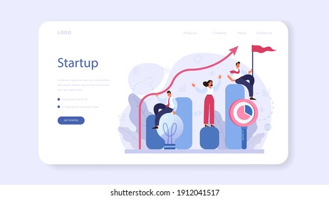 Project start web banner or landing page. Start up business development idea. Entrepreneurship concept. Idea of project planning, promotion, management. Vector illustration in cartoon style