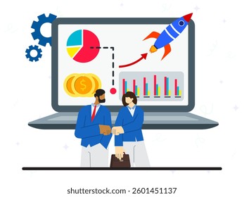 Project startup concept. A man and woman bump fists to agreeing for launching new project. Rocket launch from laptop screen with financial data analysis and growth. 