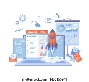 Project Startup, Financial planning, Idea, Strategy, Management, Realization, Success. Rocket launch, laptop, report, business plan, money, analysis, statistics.Vector illustration on white background