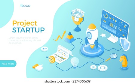 Inicio del proyecto. Idea, análisis, planificación, estrategia y éxito. Preparándose para lanzar un nuevo proyecto exitoso. Isometric vector ilustración para sitio web.