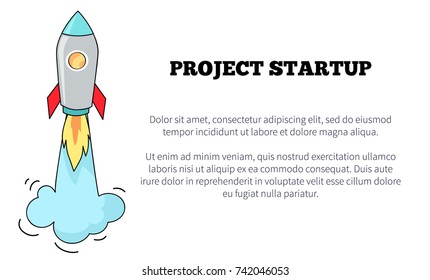 Project startup image depicting big icon of launching rocket with flame and smoke and text sample for writing own text vector illustration