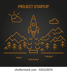 Project startup line illustration. Rocket line logo icon. Startup concept. Project development.
