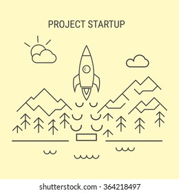 Project startup line illustration. Rocket line logo icon. Startup concept. Project development .