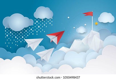 Project Startup. Paper Plane flying to the Red Flag top of a mountain in sky cloud, Business idea start up concept, Challenge, Creative ideas, Reach the target, Paper art vector and illustration