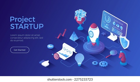 Project Startup. Preparing to launch a new successful project. Idea, analysis, planning, strategy and success. Isometric landing page. Vector web banner.	
