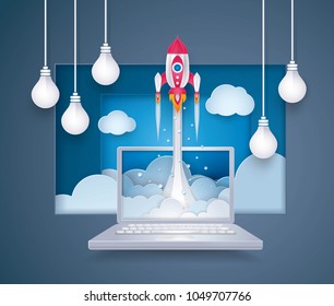 Project Startup, Rocket ship launching from destop computer to sky cloud, Business idea start up concept, Successful, Challenge, Creative ideas, Reach the target, Paper art vector and illustration.