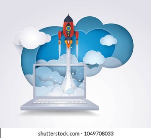 Project Startup, Rocket ship launching from destop computer to sky cloud, Business idea start up concept, Successful, Challenge, Creative ideas, Reach the target, Paper art vector and illustration.