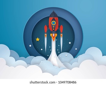 Project Startup. Rocket ship launching in sky cloud, Business idea start up concept, Successful, Challenge, Creative ideas, Reach the target, Paper art vector and illustration.