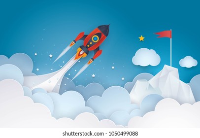 Project Startup. Rocket ship launching to the Red Flag top of a mountain in sky cloud, Business idea concept, Successful,Challenge,Creative ideas, Reach the target, Paper art vector and illustration