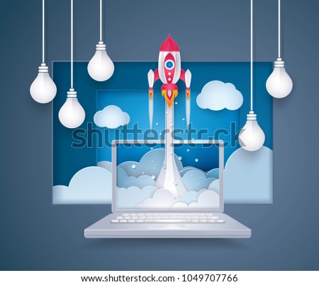 Project Startup, Rocket ship launching from destop computer to sky cloud, Business idea start up concept, Successful, Challenge, Creative ideas, Reach the target, Paper art vector and illustration.