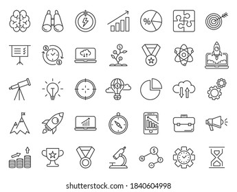 Inicio del proyecto. Juego de iconos de línea delgada de inicio. Informe comercial, estrategia, objetivo. Ilustración vectorial de iconos
