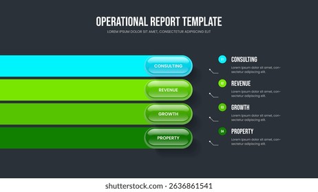 Project Strategy Slide Layout Vector Illustration. Marketing Report Four Option Infographic Presentation Design. Financial Planning 4 Element Diagram Slideshow Template.