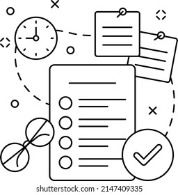 Project Summary Reports with Key Note vector line icon design, business corporation symbol, Joint partnerships Sign, Sales and Marketing management stock illustration, to-do list with timeline Concept
