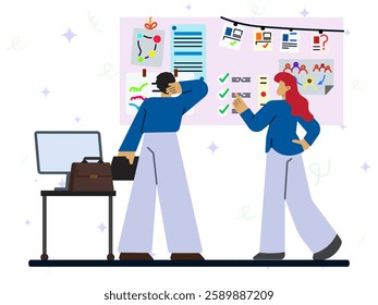 Project task list concept. A man and woman meet to discuss project agenda listed on wall board. assign staff to finish work on schedule, project plan, efficiency work, business people team. 