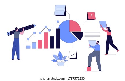 Project task management and effective time planning tools. Board with work tasks on sticker note, to-do list, status. Man with pencil and women add tasks. Vector character illustration of goals achievement 