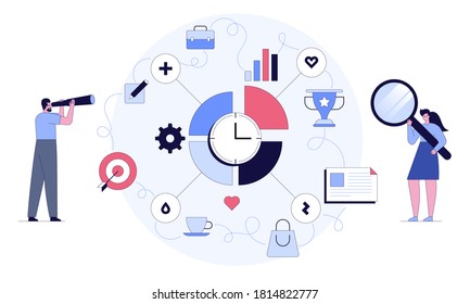 Project task management and effective time planning tools. Board with work tasks on stickers, to-do list, status. Man with pencil, women add tasks. Vector character illustration of goals achievement 