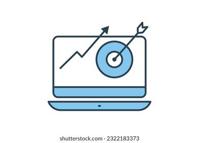 Project task management icon. laptop and target. effective time planning, icon related to target market, digital marketing. Flat line icon style design. Simple vector design editable