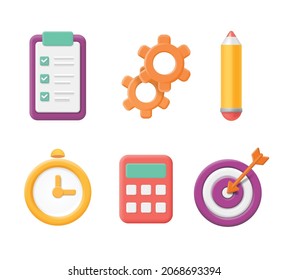 Project task management icons. Clipboard, checklist, gear, target, time planning tools 3d vector illustration