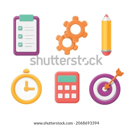 Project task management icons. Clipboard, checklist, gear, target, time planning tools 3d vector illustration