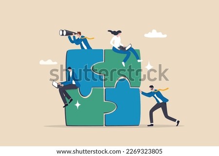 Project team collaboration, teamwork, partnership or coworker working together to solve problem and achieve success, cooperation concept, businessman woman colleague working together on jigsaw puzzle.
