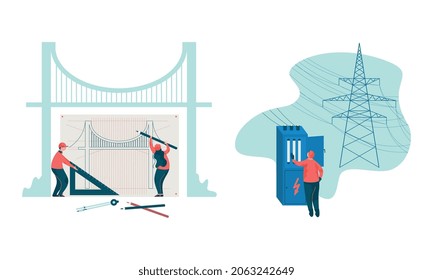 Project Team Engineering Bridge Creating Draft and Checking Electric Circuit in Transformer Vault Vector Set
