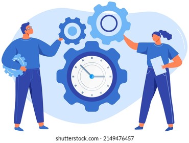 Project team with gears. Working process, searching for ideas and solutions, business processes running, startup, work motion concept. People stand near gear with clock as symbol of time management