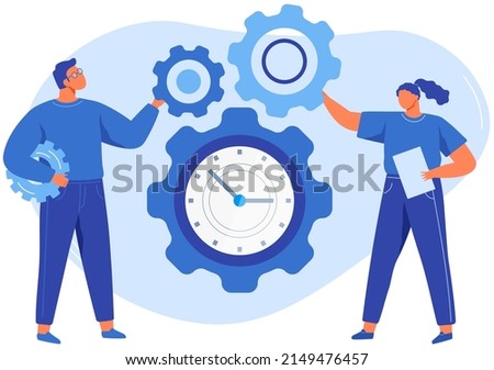 Project team with gears. Working process, searching for ideas and solutions, business processes running, startup, work motion concept. People stand near gear with clock as symbol of time management