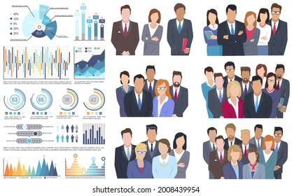 Los hombres y mujeres de los negocios del equipo del proyecto se vistieron formalmente aislados en blanco. Empleados de la oficina de grupos de empleados, colegas hombres de negocios usando traje formal. Gráficos estadísticos y desempeño dinámico