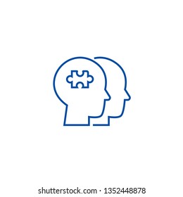 Project team, puzzle in head line icon concept. Project team, puzzle in head flat  vector symbol, sign, outline illustration.