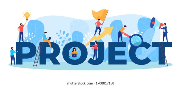 Project team work vector illustration of business people working together as team on huge letters. Manager, designer, programmer and colleagues teamwork. Teammates women and men group.