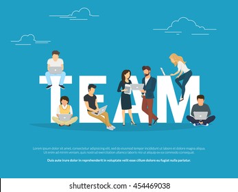 Project teamwork concept illustration of business people working together as team. Manager, designer, programmer and colleagues using laptops. Flat vector for community website banner and landing page