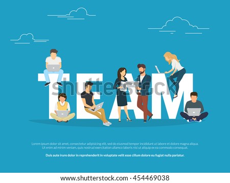 Project teamwork concept illustration of business people working together as team. Manager, designer, programmer and colleagues using laptops. Flat vector for community website banner and landing page