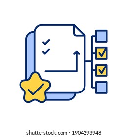 Project template RGB color icon. Work documents. Checklist for project. Content list. Key notes for work management. Send data, outsourcing job. Software structure. Isolated vector illustration