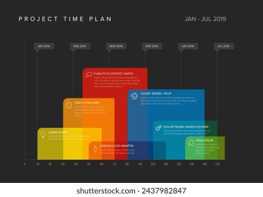 Project time line gantt schema template with big color block for each process on timeline. Diagram for project management planning with sample texts and icons