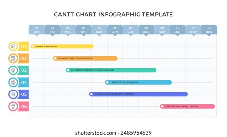 Project time plan with 6 tasks, gantt chart, timeline infographic template, vector eps10 illustration