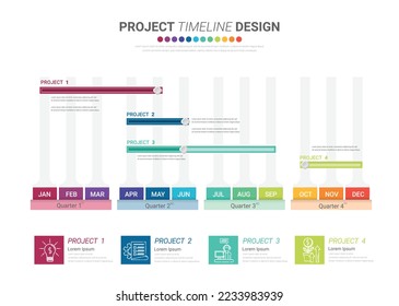 Project time plan business template with 4 project tasks in year or 12 months. Easy to use for your website or presentation.