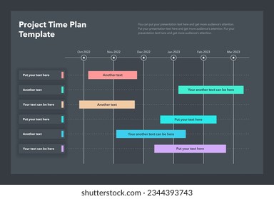 Project time plan template with six project tasks in time intervals - dark version. Can be used for your website or presentation.