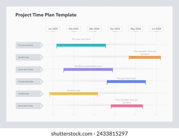 Project time plan template with six project tasks in time intervals. Can be used for your website or presentation.