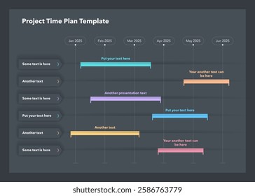 Project time plan template with six project tasks in time intervals - dark version. Can be used for your website or presentation.