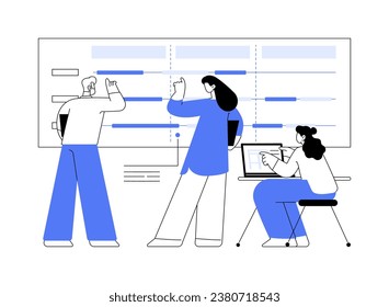 Ilustración del vector de concepto abstracto de línea de tiempo del proyecto. Grupo de personas hablando de nuevos proyectos usando software de colaboración, tecnología de negocios inteligente, metáfora abstracta de trabajo en equipo de la empresa.