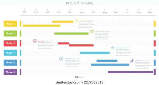 Projektzeitdiagramm Infografische Roadmap-Vorlage für Unternehmen. 12 Monate Zeitdiagrammkalender mit Darstellung der Vektorgrafik.