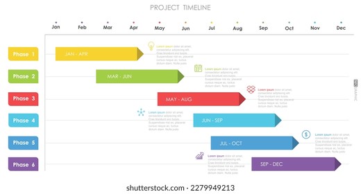 Projektzeitdiagramm Infografische Roadmap-Vorlage für Unternehmen. 12 Monate Zeitdiagrammkalender mit Darstellung der Vektorgrafik.