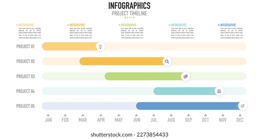 Project timeline infographic for business planner as vector with 5 projects and colorful level bar and icons, 12 months for annually or yearly, for slide or presentation, modern, minimal, gantt charts