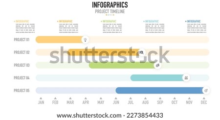 Project timeline infographic for business planner as vector with 5 projects and colorful level bar and icons, 12 months for annually or yearly, for slide or presentation, modern, minimal, gantt charts
