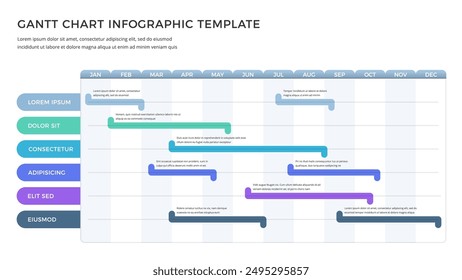 Project timeline infographic template with 6 tasks, gantt chart, vector eps10 illustration