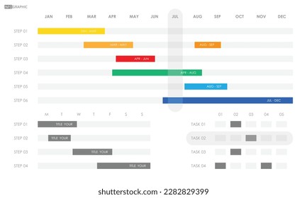 Projektzeitlinie Infografische Vorlage für Unternehmen. 12 Monate Zeitdiagrammkalender mit Darstellung der Vektorgrafik.