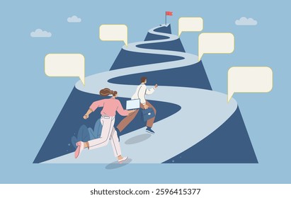  Project timeline, Roadmap, Businessman runs up steep road with a red flag at his destination, Project planning development timeline in business, Important route map with action plan.
