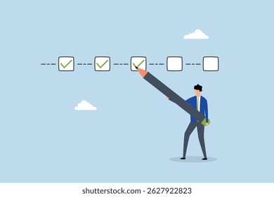 Project tracking, businessman project manager tick project checklist progress.