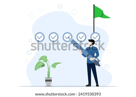 Project tracking concept, goal tracker, businessman project manager holding big pencil to check completed tasks in project management, task completion or checklist to remind project progress concept.