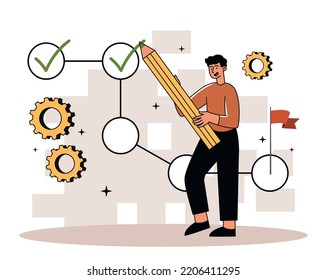 Project tracking concept. Man with pencil puts tick in front of completed tasks and goals. Poster or banner for website. Time management and efficient workflow. Cartoon flat vector illustration